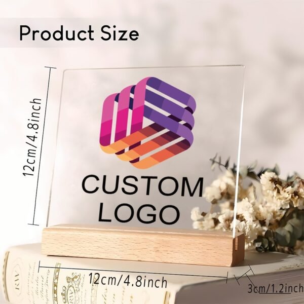 Customizable acrylic logo plaque with a wooden stand.