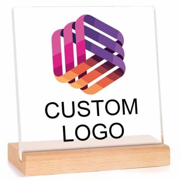 Customizable acrylic logo plaque with a wooden stand.