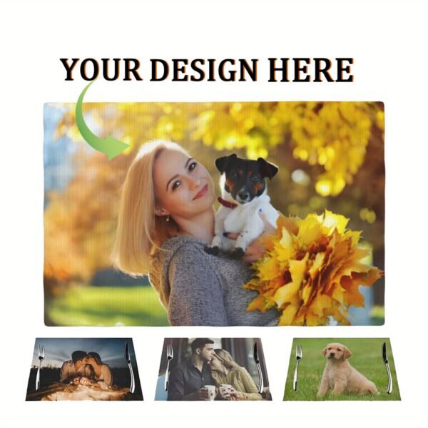 Custom linen placemats with personalized photo and text.