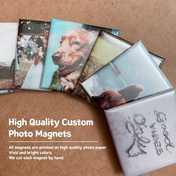 10-pack custom photo magnets, 5.08x5.08cm, with personalized pictures.