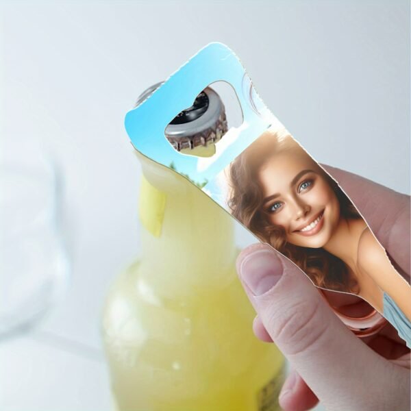 Customized bottle-shaped opener with a refrigerator magnet.