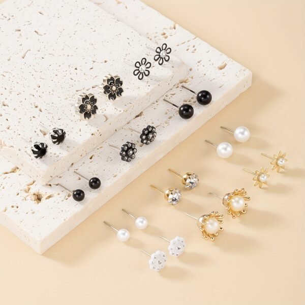 Set of 12 Pairs Floral Pearl and Rhinestone Stud Earrings - Elegant and Stylish for Women
