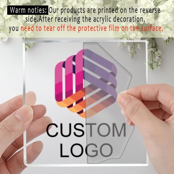 Customizable acrylic logo plaque with a wooden stand.