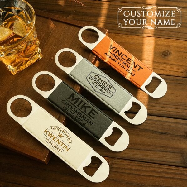Custom metal beverage opener with personalized name engraving.