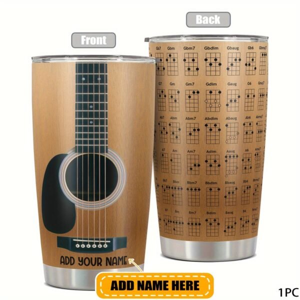 Personalized 20oz guitar-themed tumbler mug with lid.