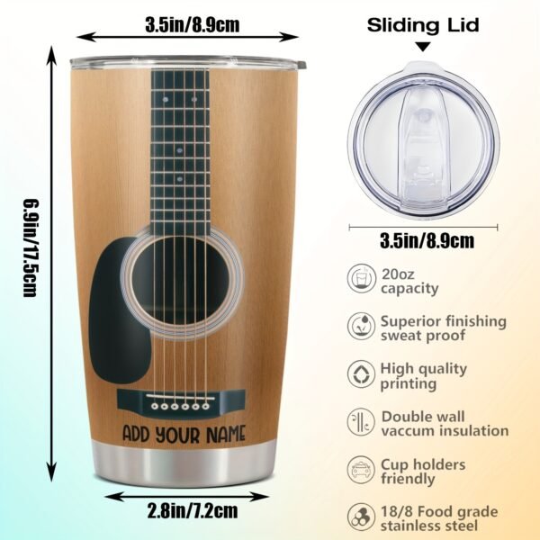 Personalized 20oz guitar-themed tumbler mug with lid.