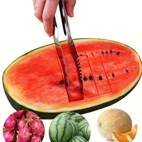 Stainless steel watermelon slicer with an easy-grip handle for cutting cubes and wedges.
