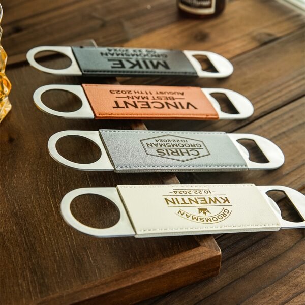 Custom metal beverage opener with personalized name engraving.