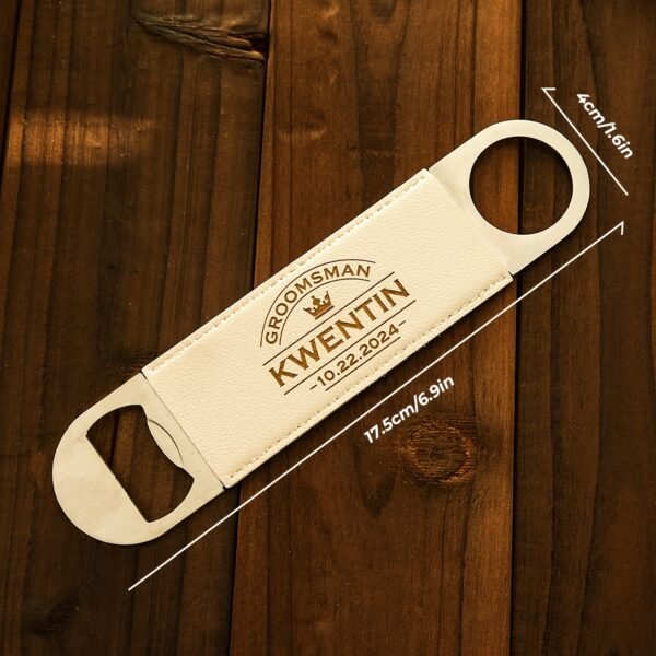 Custom metal beverage opener with personalized name engraving.