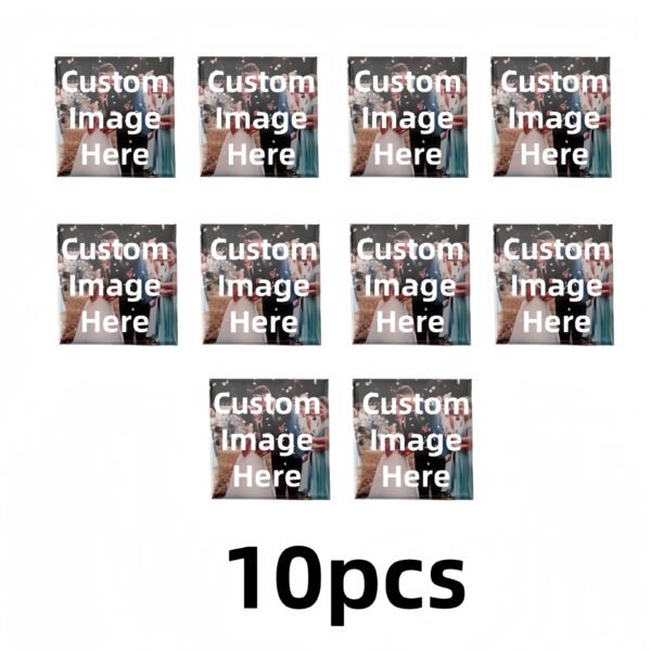 10-pack custom photo magnets, 5.08x5.08cm, with personalized pictures.