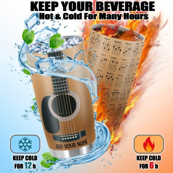 Personalized 20oz guitar-themed tumbler mug with lid.