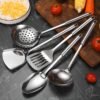 Stainless steel kitchen utensil set including spatula, ladle, turner, colander, and more.