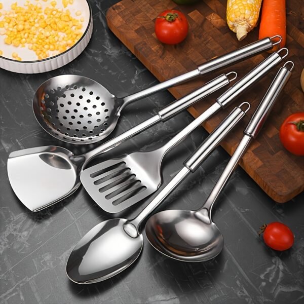 Stainless steel kitchen utensil set including spatula, ladle, turner, colander, and more.