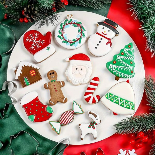 12-piece stainless steel Christmas cookie cutter set for festive baking.