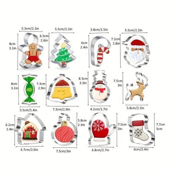12-piece stainless steel Christmas cookie cutter set for festive baking.