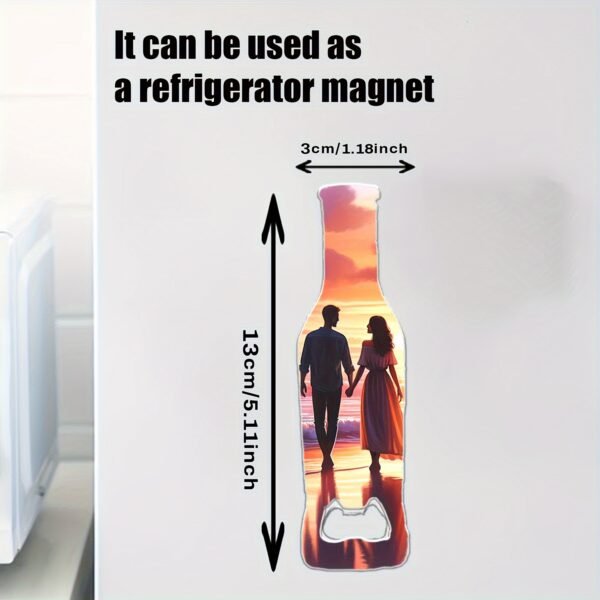 Customized bottle-shaped opener with a refrigerator magnet.