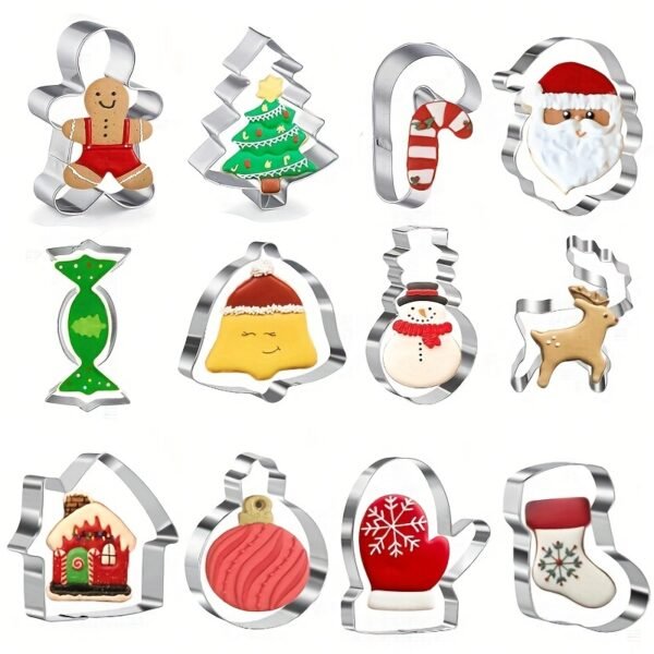 12-piece stainless steel Christmas cookie cutter set for festive baking.