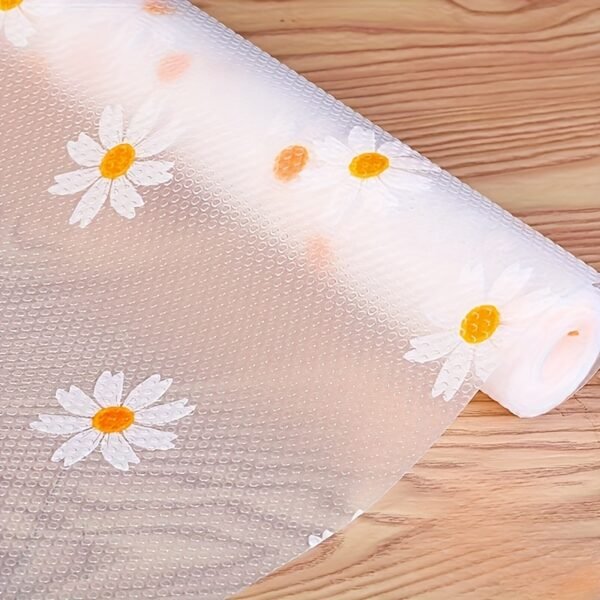 Waterproof Non-Slip Shelf Drawer Liner with Daisy Pattern, Plastic Mat for Kitchen Cabinet, Table, and Fridge