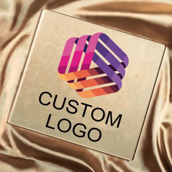 Customizable acrylic logo plaque with a wooden stand.
