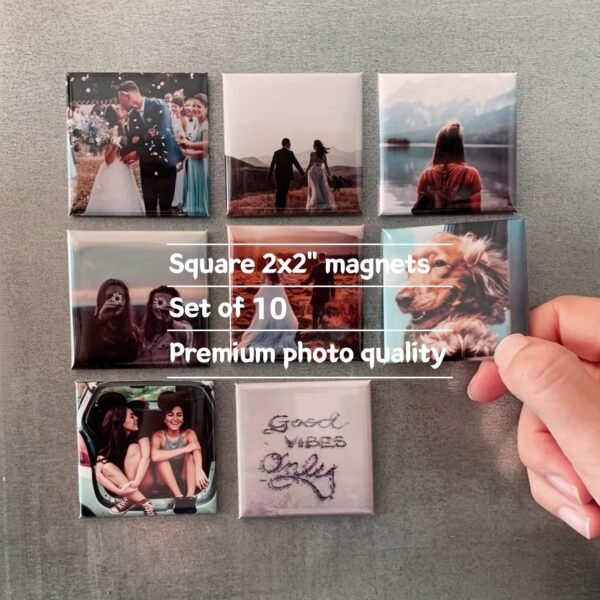 10-pack custom photo magnets, 5.08x5.08cm, with personalized pictures.