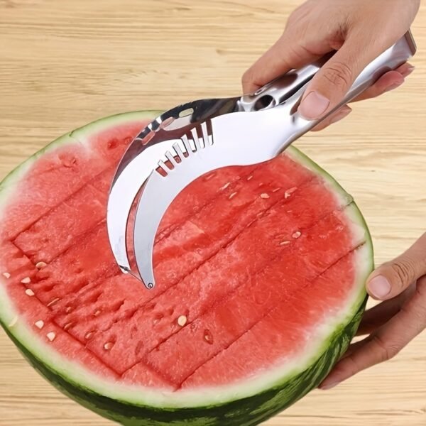 Stainless steel watermelon slicer with an easy-grip handle for cutting cubes and wedges.