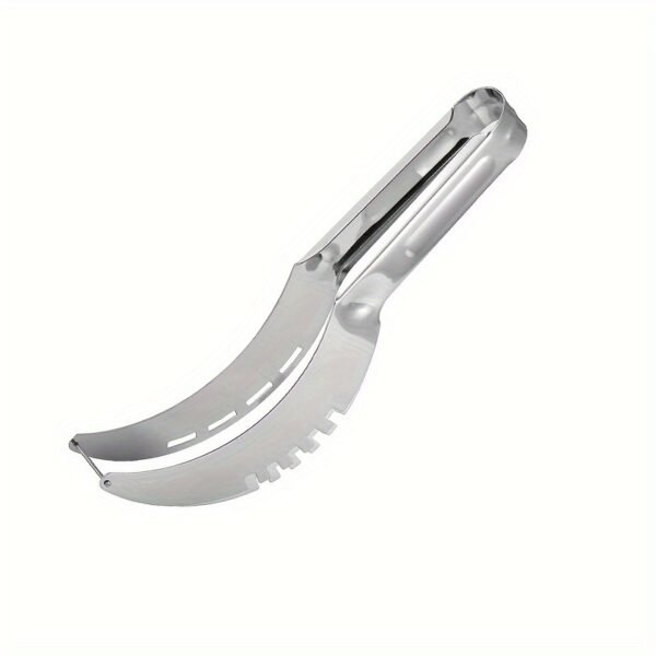 Stainless steel watermelon slicer with an easy-grip handle for cutting cubes and wedges.
