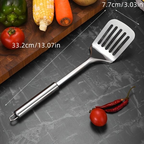 Stainless steel kitchen utensil set including spatula, ladle, turner, colander, and more.