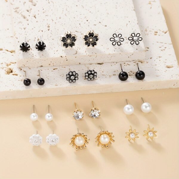 Set of 12 Pairs Floral Pearl and Rhinestone Stud Earrings - Elegant and Stylish for Women