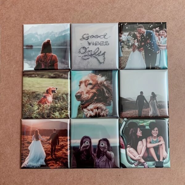 10-pack custom photo magnets, 5.08x5.08cm, with personalized pictures.