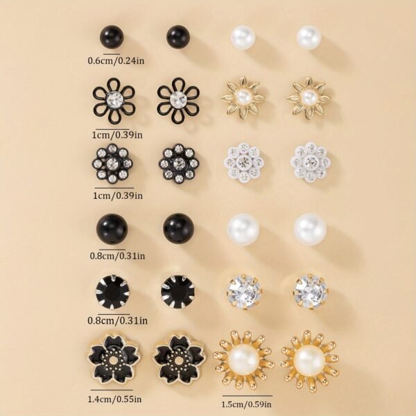 Set of 12 Pairs Floral Pearl and Rhinestone Stud Earrings - Elegant and Stylish for Women