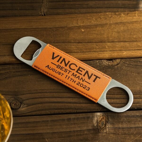 Custom metal beverage opener with personalized name engraving.