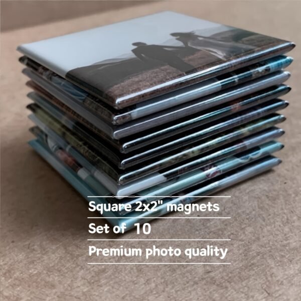 10-pack custom photo magnets, 5.08x5.08cm, with personalized pictures.