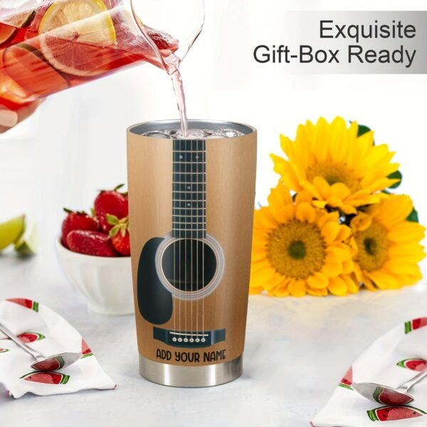 Personalized 20oz guitar-themed tumbler mug with lid.