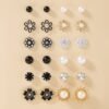 Set of 12 Pairs Floral Pearl and Rhinestone Stud Earrings - Elegant and Stylish for Women