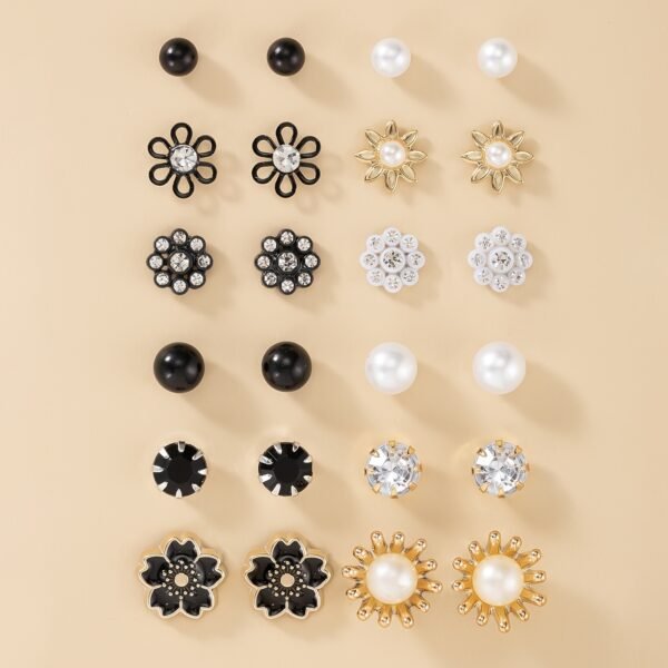Set of 12 Pairs Floral Pearl and Rhinestone Stud Earrings - Elegant and Stylish for Women