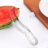 Stainless steel watermelon slicer with an easy-grip handle for cutting cubes and wedges.
