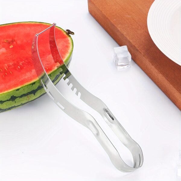 Stainless steel watermelon slicer with an easy-grip handle for cutting cubes and wedges.