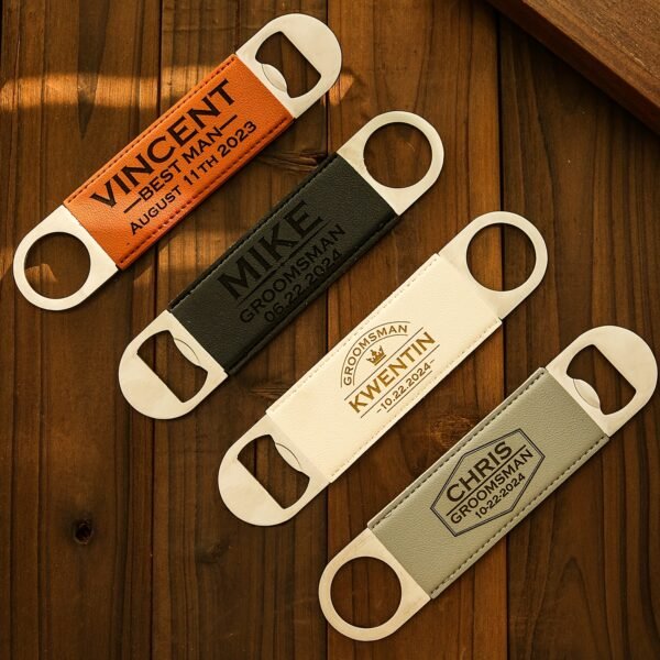 Custom metal beverage opener with personalized name engraving.