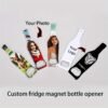 Customized bottle-shaped opener with a refrigerator magnet.