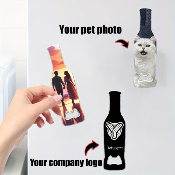Customized bottle-shaped opener with a refrigerator magnet.